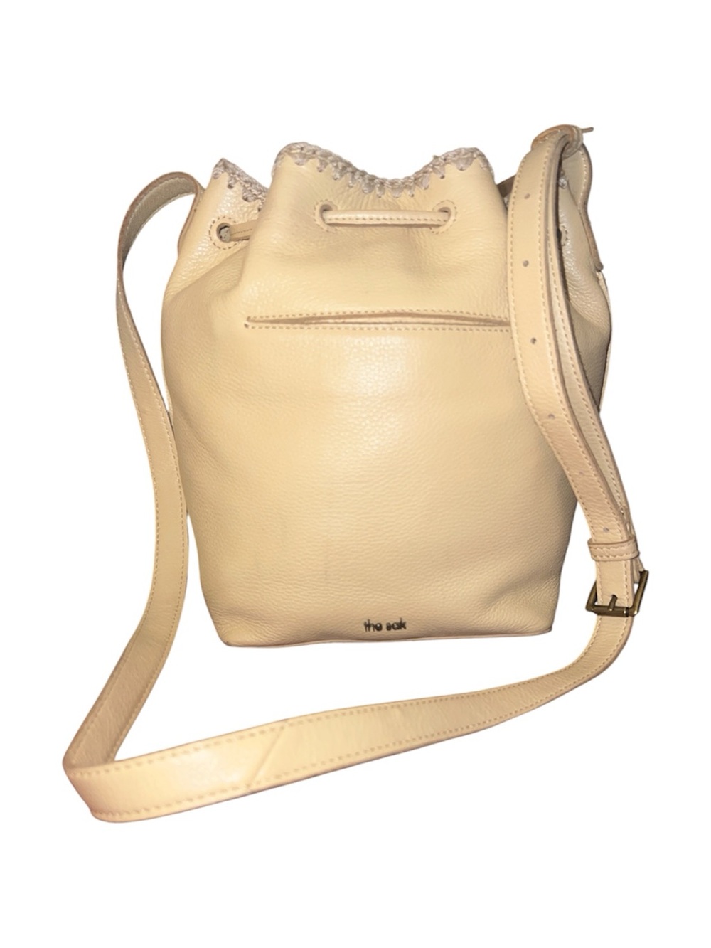 The Sak Cream Leather Drawstring Crossbody Bucket Bag